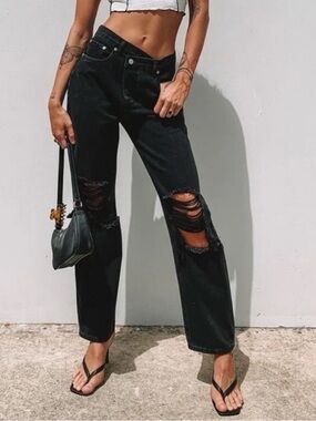 Princess Polly Distressed Straight Leg Jeans in Black with A-Symmetrical Buttons